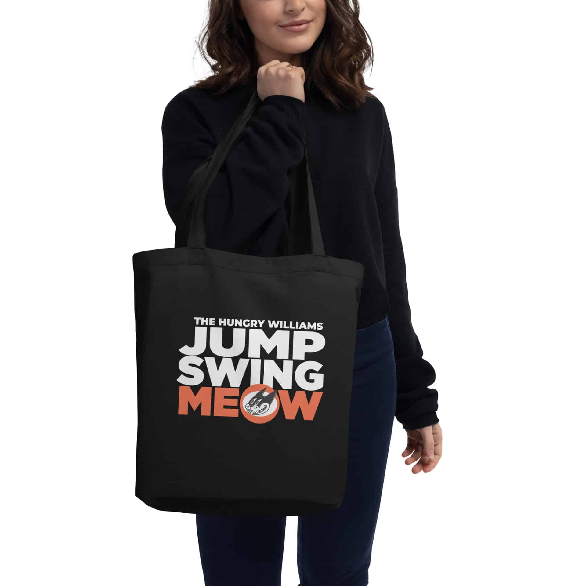 "Jump Swing Meow!" Double Sided Eco Tote Bag in Black