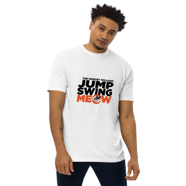 Standard size male model wearing the premium heavyweight short sleeved crew neck t-shirt in white, printed with "Jump Swing Meow" logo on chest.