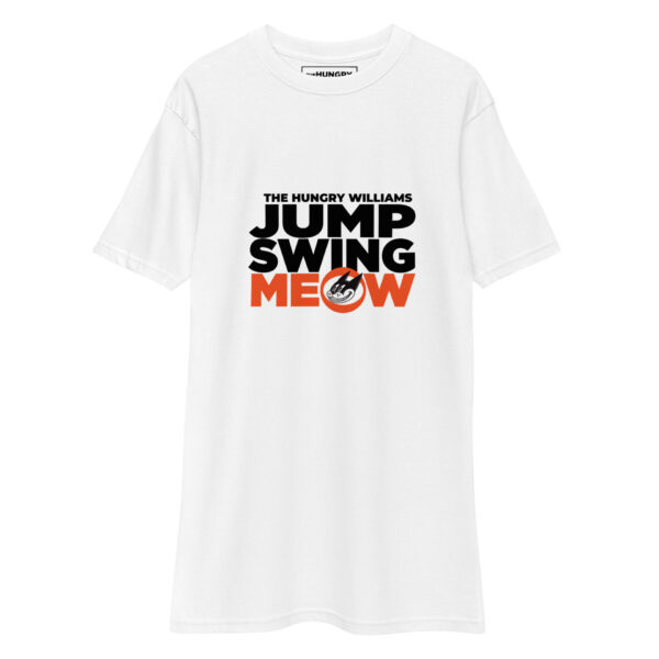 Front layflat view of white men's short sleeve tee shirt, crew neck, printed with "Jump Swing Meow" logo on chest.