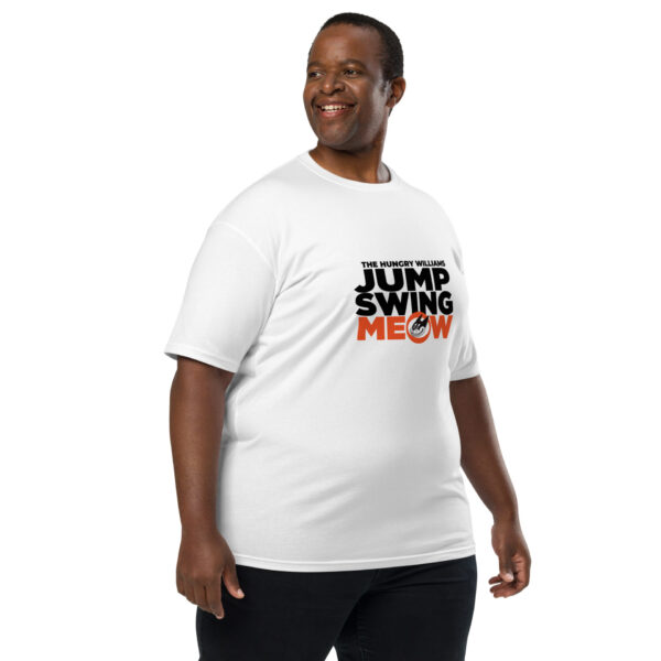 Plus sized male model wearing white tee with "Jump Swing Meow" logo on chest.