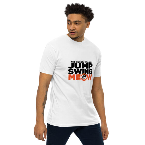 Standard size male model wearing the premium heavyweight short sleeved crew neck t-shirt in white, printed with "Jump Swing Meow" logo on chest.